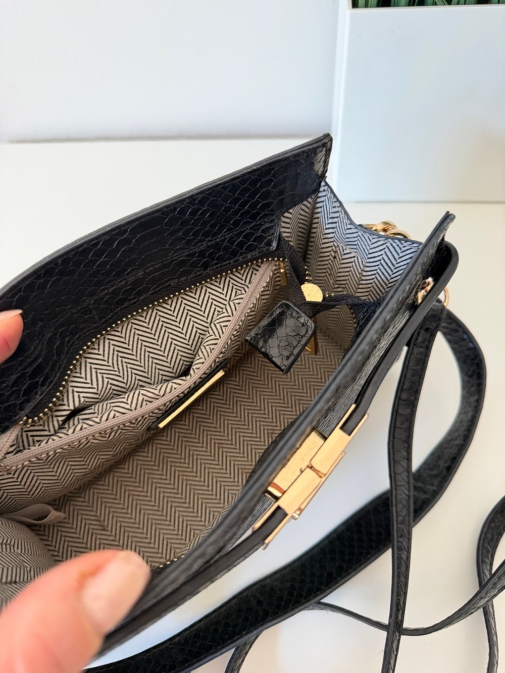Black Faux-Snakeskin Crossbody Bag with Gold Hardware - Picture 6 of 7